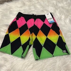 NEW BILLABONG Sundays Pro Neon Diamond Performance Board Shorts Boys Size 28 Lg